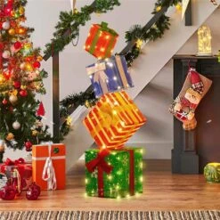 Lighted Gift Boxes Set Of 4 Christmas Decoration With Warm White LED Lights & Pre-Assembled Ribbons -Christmas Decor Shop costway christmas yard decorations hcst04434 44 1000