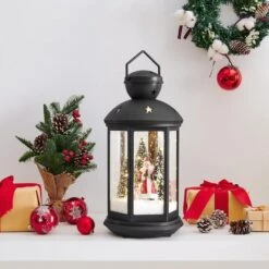 Tabletop Christmas Holiday Winter Scene Falling Snow Music Snowglobe Diorama Lit Lantern Decoration - Black -Christmas Decor Shop danya b christmas centerpieces uw1216bk 31 1000