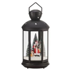 Tabletop Christmas Holiday Winter Scene Falling Snow Music Snowglobe Diorama Lit Lantern Decoration - Black
