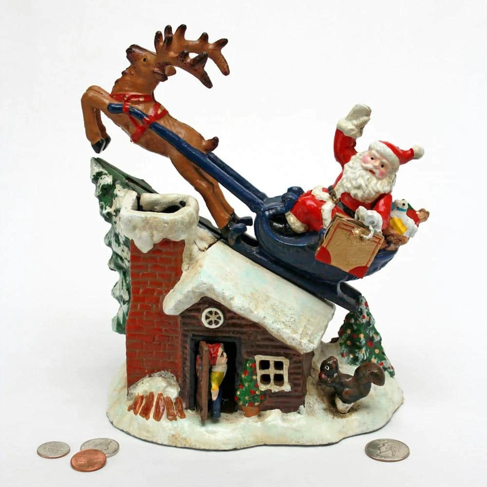 9.5 In. X 9.5 In. Santa's Christmas Sleigh Ride Die-Cast Iron Mechanical Coin Bank 3 9.5 In. X 9.5 In. Santa's Christmas Sleigh Ride Die-Cast Iron Mechanical Coin Bank