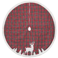 48 In. Red Plaid Tree Skirt Deer Applique