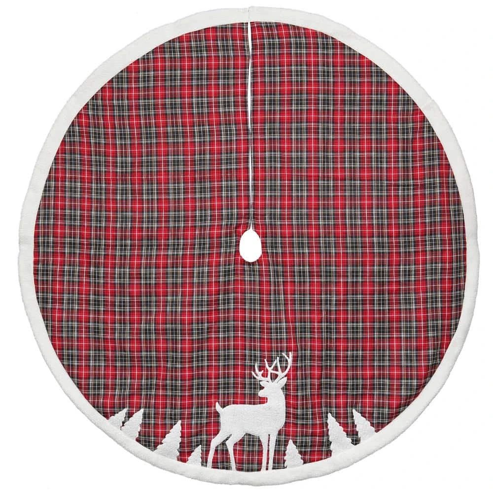 48 In. Red Plaid Tree Skirt Deer Applique 3 48 In. Red Plaid Tree Skirt Deer Applique