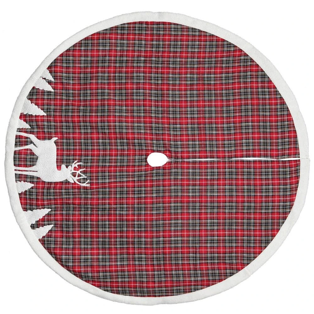 48 In. Red Plaid Tree Skirt Deer Applique 4 48 In. Red Plaid Tree Skirt Deer Applique - Image 2