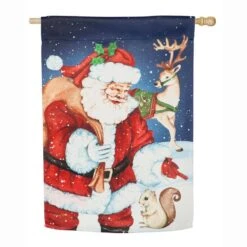 Evergreen 28 In. X 44 In. Santa And Friends House Suede Flag