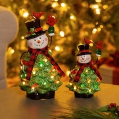 12 In. LED Ceramic Snowman With Christmas Tree Body And Cardinals Table Decor, Set Of 2 -Christmas Decor Shop evergreen enterprises christmas centerpieces 8tal051 31 1000