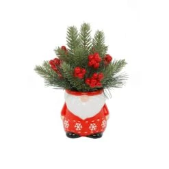 7.5 In. H Christmas Arrangement In Gnome Ceramic Pot With Berries
