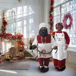 58-In African American Dancing Santa With Apron, Christmas Cookie Garland, Standing Decor, Motion-Activated Animatronic -Christmas Decor Shop fraser hill farm christmas figurines fsc058 2rd2 aa 66 1000