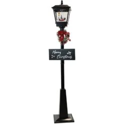 71 In. Christmas Musical Street Lamp With Car Scene, 2 Signs, Cascading Snow, And Christmas Carols