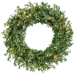 24 In. Boxwood Green Christmas Wreath With Warm White LED Lights, Christmas Decor