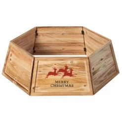 Natural Wood Christmas Tree Collar With Deer Pattern Panels Foldable Ring Box Cover And Festive Base Wrap