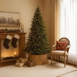 Natural Wood Christmas Tree Collar Box With Slatted Panel Design Foldable Tapered Base Cover -Christmas Decor Shop gardenised christmas tree skirts qi004869 1f 1000