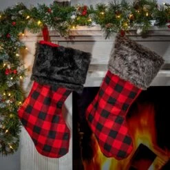 23 In. L Faux Fur Trimmed Buffalo Plaid Christmas Stockings (Set Of 4) -Christmas Decor Shop gerson international christmas stockings 2429720ec c3 1000