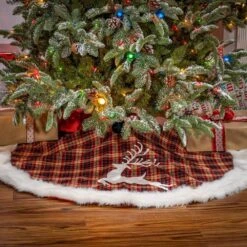 48 In. D Christmas Buffalo Plaid Tree Skirt With Deer -Christmas Decor Shop gerson international christmas tree skirts 2361760ec deer 31 1000