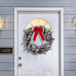 24 In. Snowy Pine Artificial Christmas Wreath With Red Berries Cone And Red Bow -Christmas Decor Shop gerson international christmas wreaths 2376450ec c3 1000
