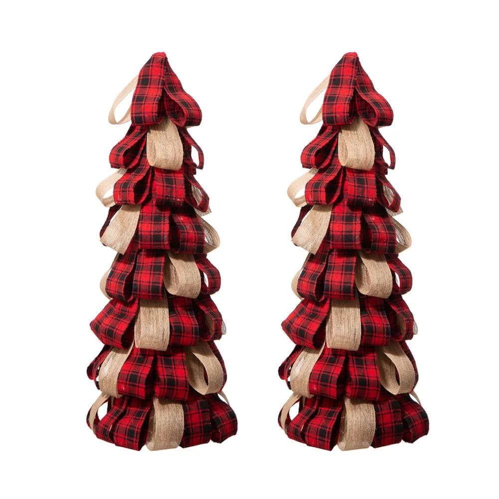 17 In. H Plaid Fabric/Burlap Table Tree (Set Of 2) 3 17 In. H Plaid Fabric/Burlap Table Tree (Set Of 2)