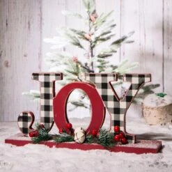 5.91 In. H Christmas Wooden Plaid JOY And Noel Tabletop Decor (Set Of 2) -Christmas Decor Shop glitzhome christmas figurines 2009900017 44 1000