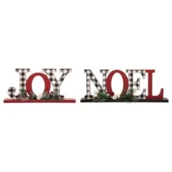 5.91 In. H Christmas Wooden Plaid JOY And Noel Tabletop Decor (Set Of 2)