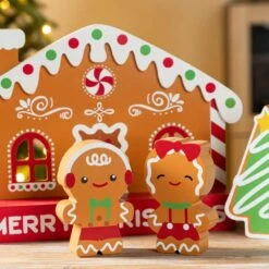8.5 In. H Wooden Christmas Gingerbread House Table Decor (Set Of 4) -Christmas Decor Shop glitzhome christmas figurines 2009900064 44 1000