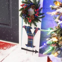 36 In. H Wood Plaid "JOY" Porch Decor W/Wreath -Christmas Decor Shop glitzhome christmas figurines 2010100059 1f 1000