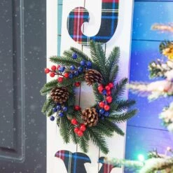 36 In. H Wood Plaid "JOY" Porch Decor W/Wreath -Christmas Decor Shop glitzhome christmas figurines 2010100059 4f 1000