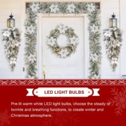 3 Ft. L PreLit Flocked Greenery Pine White Poinsettia And Berries Christmas Teardrop With 50 Warm White Lights And Timer -Christmas Decor Shop glitzhome christmas garland 2014600179 1f 1000