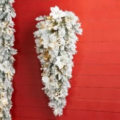 3 Ft. L PreLit Flocked Greenery Pine White Poinsettia And Berries Christmas Teardrop With 50 Warm White Lights And Timer -Christmas Decor Shop glitzhome christmas garland 2014600179 76 1000