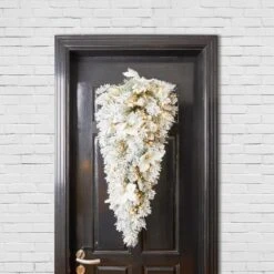 3 Ft. L PreLit Flocked Greenery Pine White Poinsettia And Berries Christmas Teardrop With 50 Warm White Lights And Timer -Christmas Decor Shop glitzhome christmas garland 2014600179 77 1000