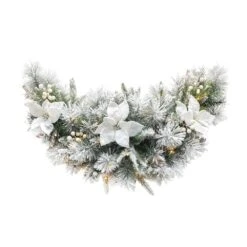3 Ft. L Pre-Lit Flocked Greenery Pine White Poinsettia And Berries Christmas Swag With 50 Warm White Lights And Timer