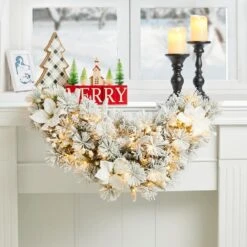 3 Ft. L Pre-Lit Flocked Greenery Pine White Poinsettia And Berries Christmas Swag With 50 Warm White Lights And Timer -Christmas Decor Shop glitzhome christmas garland 2014600180 77 1000