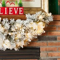 3 Ft. L Pre-Lit Flocked Greenery Pine White Poinsettia And Berries Christmas Swag With 50 Warm White Lights And Timer -Christmas Decor Shop glitzhome christmas garland 2014600180 fa 1000