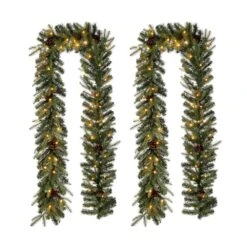 9 Ft. L Pre-Lit Greenery Pine Cone Artificial Christmas Garland With Warm White LED Light (2-Pack)