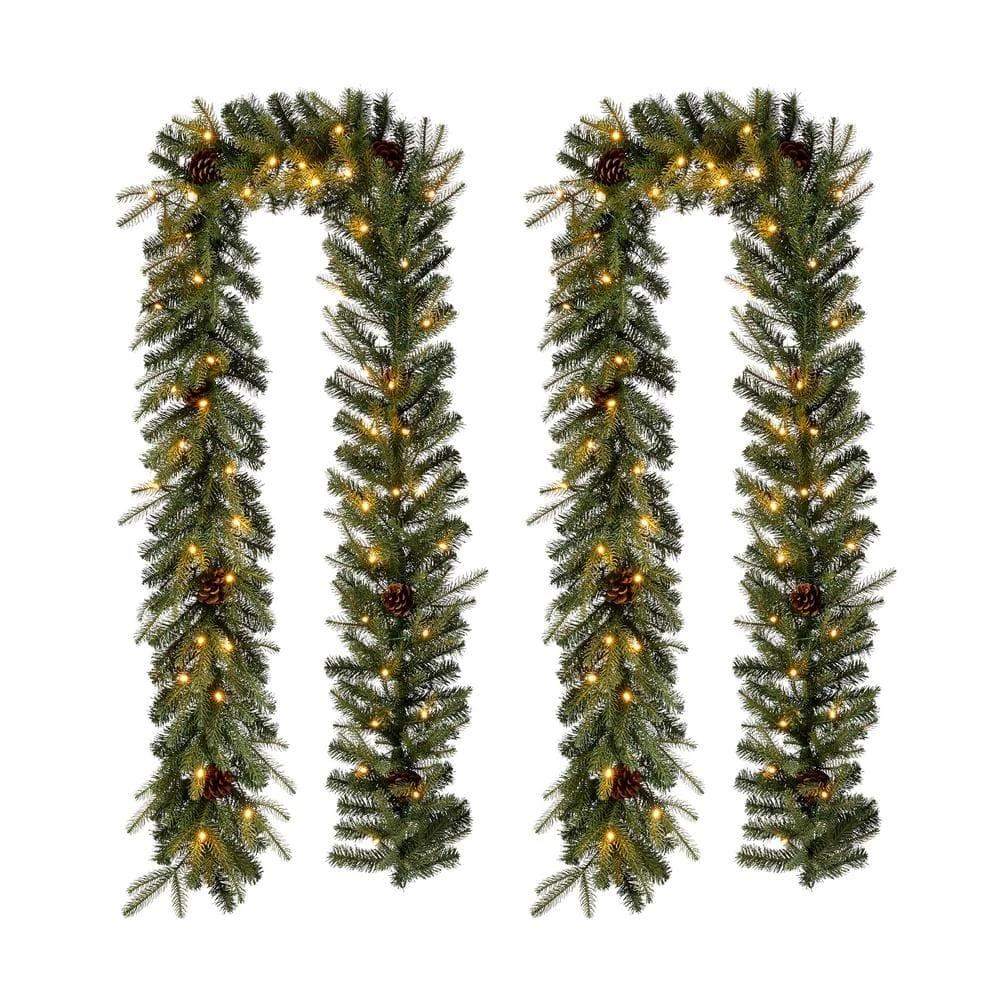 9 Ft. L Pre-Lit Greenery Pine Cone Artificial Christmas Garland With Warm White LED Light (2-Pack) 3 9 Ft. L Pre-Lit Greenery Pine Cone Artificial Christmas Garland With Warm White LED Light (2-Pack)