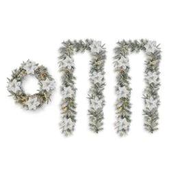 2PK 9 Ft. Pre-Lit Artificial Christmas Garland And 24 In. D Snow Flocked Greenery Pine Poinsettia Christmas Wreath Set -Christmas Decor Shop glitzhome christmas garland 2016000023 e1 1000