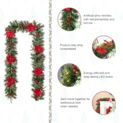 9 Ft. L Pre-Lit Greenery Pine Poinsettia And Red Berries Christmas Garland, With 70 Warm White Lights And Timer -Christmas Decor Shop glitzhome christmas garland 2016000027 4f 1000