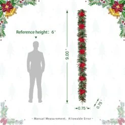 9 Ft. L Pre-Lit Greenery Pine Poinsettia And Red Berries Christmas Garland, With 70 Warm White Lights And Timer -Christmas Decor Shop glitzhome christmas garland 2016000027 c3 1000