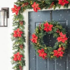9 Ft. L Pre-Lit Greenery Pine Poinsettia And Red Berries Christmas Garland, With 70 Warm White Lights And Timer -Christmas Decor Shop glitzhome christmas garland 2016000027 fa 1000