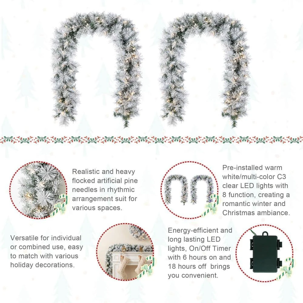 6 Ft. Prelit Snow Flocked Greenery Pine Christmas Garland With 50 Warm White/Multi-color Lights And Timer (Set Of 2) 6 6 Ft. Prelit Snow Flocked Greenery Pine Christmas Garland With 50 Warm White/Multi-color Lights And Timer (Set Of 2) - Image 4