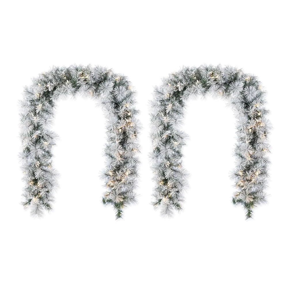 6 Ft. Prelit Snow Flocked Greenery Pine Christmas Garland With 50 Warm White/Multi-color Lights And Timer (Set Of 2) 3 6 Ft. Prelit Snow Flocked Greenery Pine Christmas Garland With 50 Warm White/Multi-color Lights And Timer (Set Of 2)