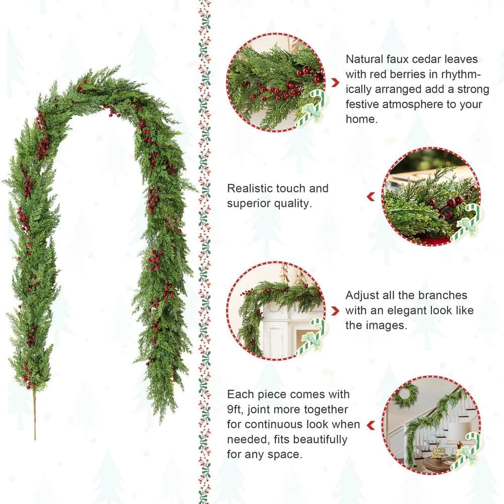 9 Ft. Christmas PreLit Greenery PE Dripping Cedar Garland With Red Berries 6 9 Ft. Christmas PreLit Greenery PE Dripping Cedar Garland With Red Berries - Image 4