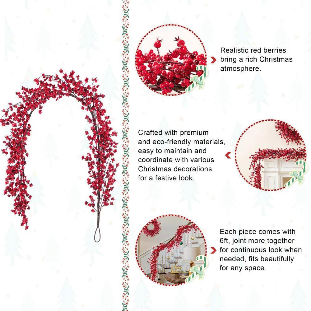 6ft. Christmas Prelit Red Berries Garland 6 6ft. Christmas Prelit Red Berries Garland - Image 4