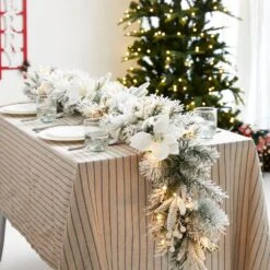 6 Ft. Pre-Lit Flocked Greenery Pine White Poinsettia Christmas Garland, With 50 Warm White Lights With Timer (Set Of 4) -Christmas Decor Shop glitzhome christmas garland 2016000079 1f 1000