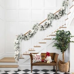 6 Ft. Pre-Lit Flocked Greenery Pine White Poinsettia Christmas Garland, With 50 Warm White Lights With Timer (Set Of 4) -Christmas Decor Shop glitzhome christmas garland 2016000079 31 1000