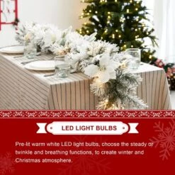 6 Ft. Pre-Lit Flocked Greenery Pine White Poinsettia Christmas Garland, With 50 Warm White Lights With Timer (Set Of 4) -Christmas Decor Shop glitzhome christmas garland 2016000079 fa 1000