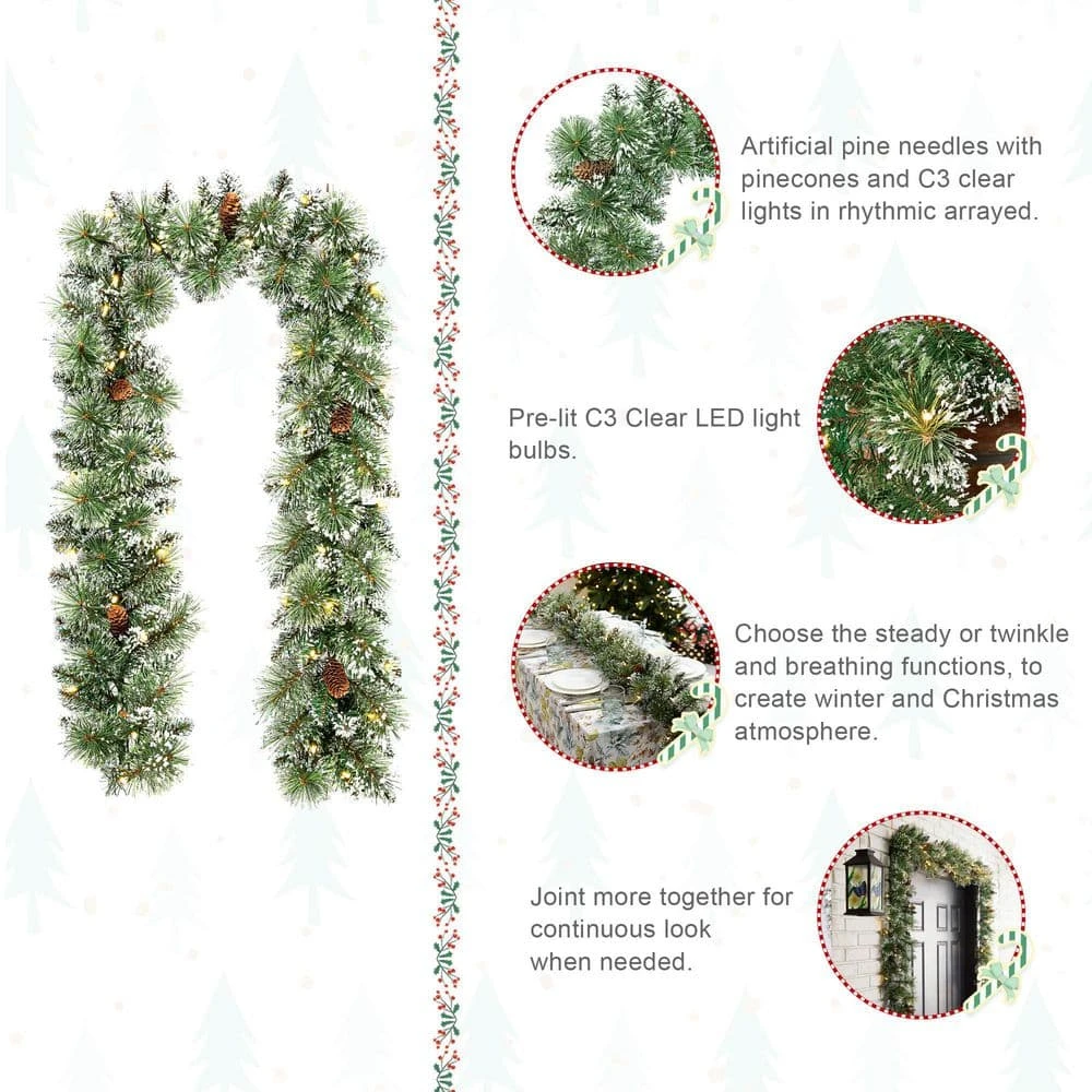 6 Ft. Pre-Lit Frosted Greenery Pinecones Christmas Garland, With 35 C3 Clear LED Lights And Timer (Set Of 4) 6 6 Ft. Pre-Lit Frosted Greenery Pinecones Christmas Garland, With 35 C3 Clear LED Lights And Timer (Set Of 4) - Image 4