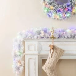 6 Ft. Pre-Lit Snow Flocked White Pine Christmas Garland With 35 Warm White/Multi-Color Lights And Timer (Set Of 4) -Christmas Decor Shop glitzhome christmas garland 2016000082 1f 1000