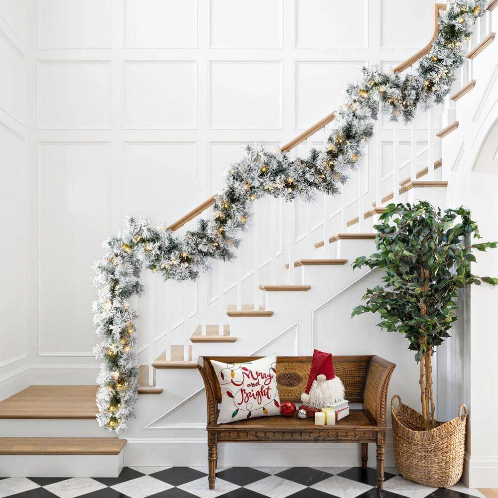 6 Ft. Prelit Snow Flocked Greenery Pine Christmas Garland With 50-Warm White/Multi-color Lights And Timer (Set Of 4) 8 6 Ft. Prelit Snow Flocked Greenery Pine Christmas Garland With 50-Warm White/Multi-color Lights And Timer (Set Of 4) - Image 6