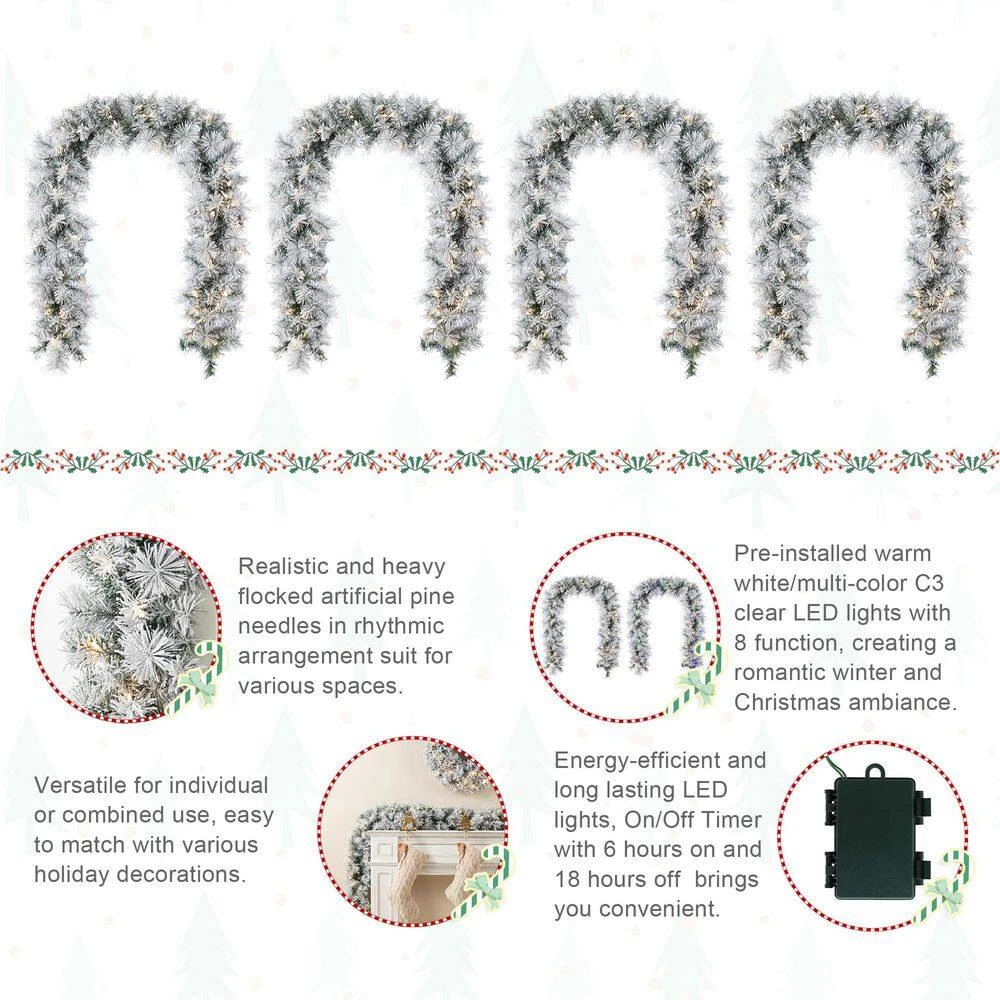 6 Ft. Prelit Snow Flocked Greenery Pine Christmas Garland With 50-Warm White/Multi-color Lights And Timer (Set Of 4) 5 6 Ft. Prelit Snow Flocked Greenery Pine Christmas Garland With 50-Warm White/Multi-color Lights And Timer (Set Of 4) - Image 3