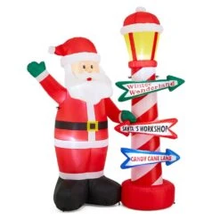 7.00 Ft. Lighted Inflatable Santa With Lamp Post Sign Decor
