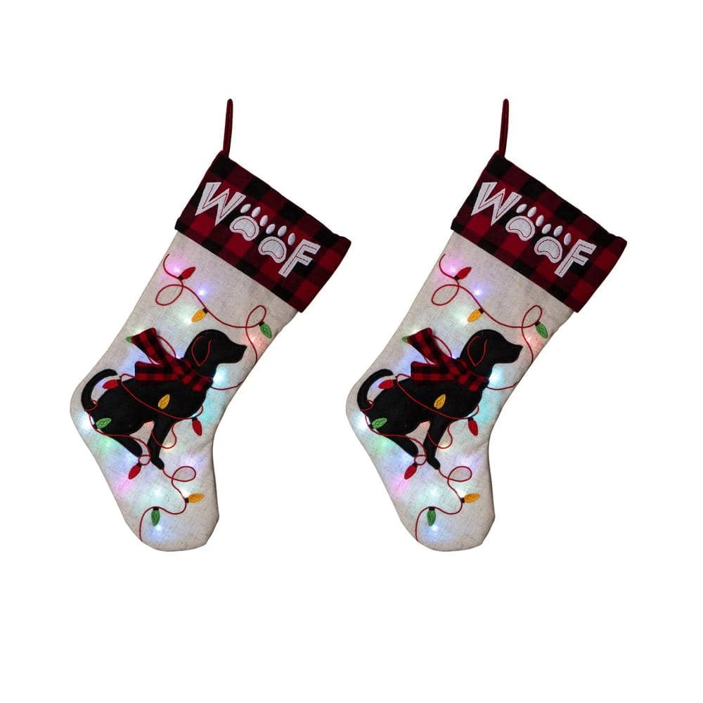 21 In. Polyester LED Embroidered Linen Christmas Dog Stocking (2-Pack) 3 21 In. Polyester LED Embroidered Linen Christmas Dog Stocking (2-Pack)
