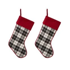 2-Pack 20 In. H Black And White Plaid Fabric Christmas Stocking